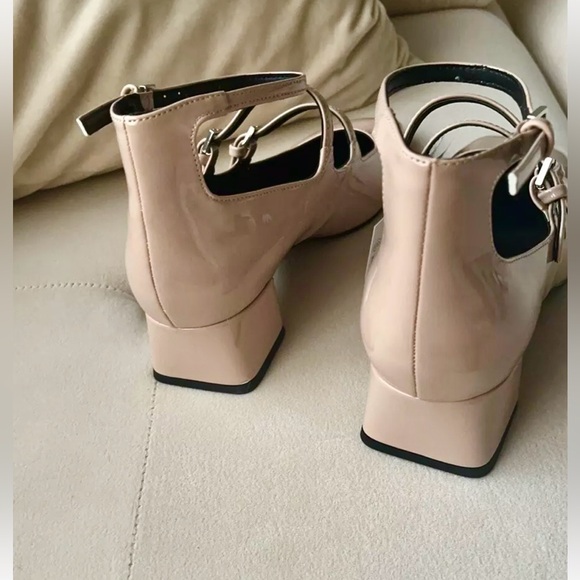 Zara NWT Beige tan multi strap square toe patent Mary Jane block heels - Picture 5 of 9